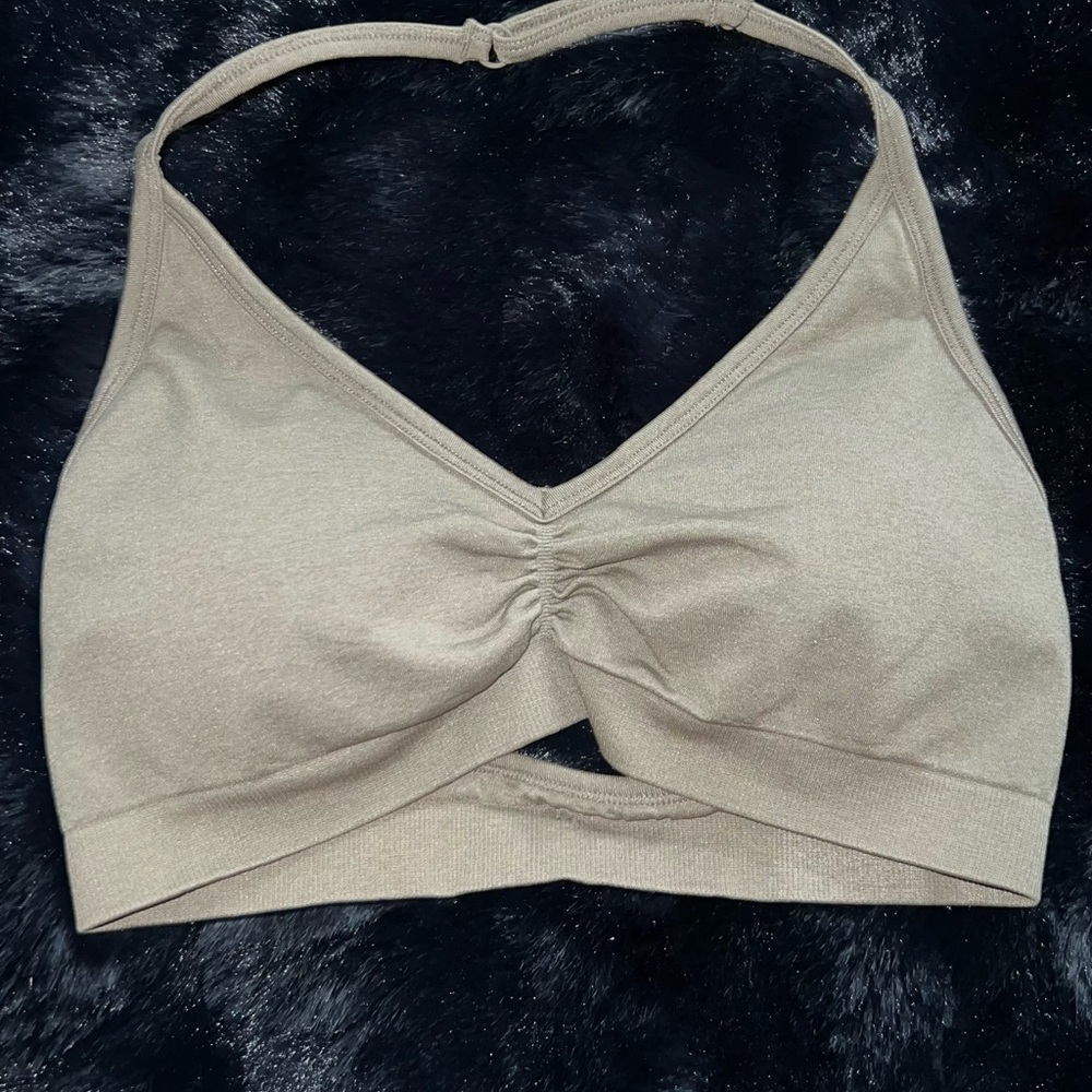 Women's taupe halter sports bra